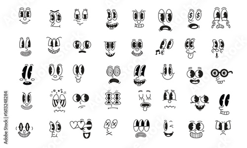 Set of Cartoon Face Expressions. Funny Black and White Comic Style Character Emotions