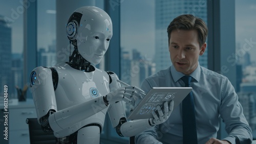 AI humanoid robot interacting with human collaborator in office setting