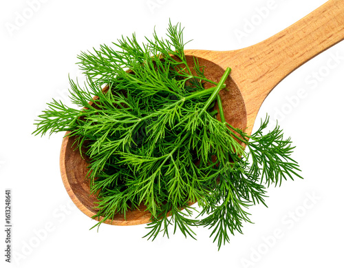 Fresh green herb sprigs in a wooden spoon, isolated on a dark background, close-up view, vibrant green color, detailed sprigs, rustic wooden spoon, healthy herbs, natural ingredients, cooking