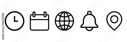 Time, Calendar, Globe, Bell, and Location Icon Set
