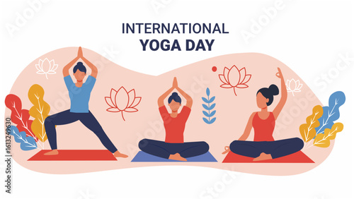 International Yoga Day Illustration with Diverse Poses and Lotus Flowers