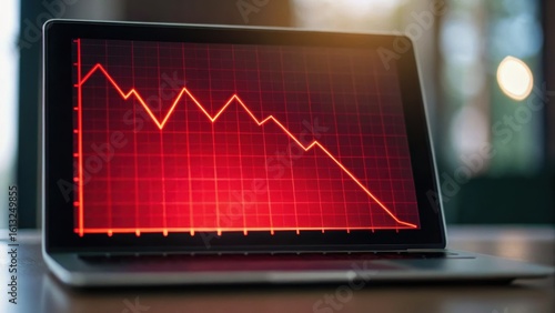 A laptop displaying a downward trend on a red graph, symbolizing loss or decline in data or performance.