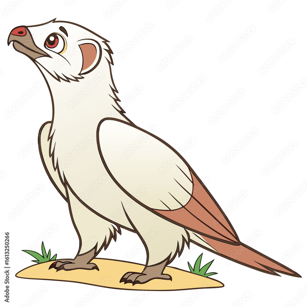 Obraz premium Cartoon illustration of a light brown falcon standing on sand with grass