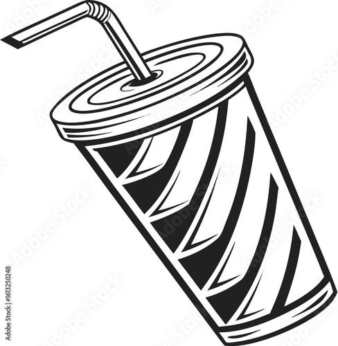Retro Soda Cup with Straw – Black and White Vector Illustration