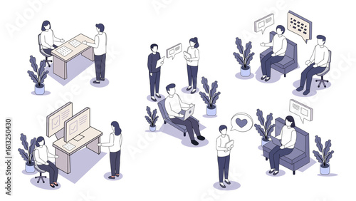 Isometric Office Interaction Scenarios Vector Set