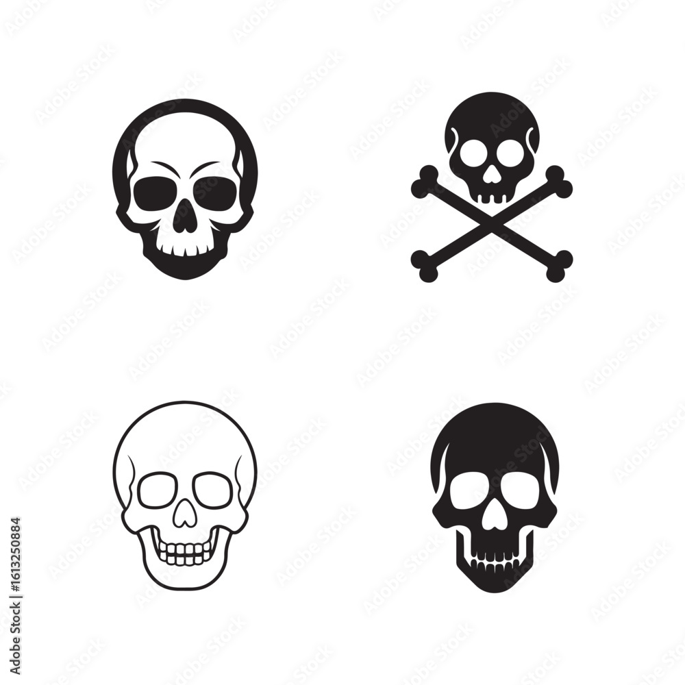 Obraz premium Minimal Skull Icon Grid – Vector Symbols of Danger, Halloween, Toxicity, Bold Black and White Contrast