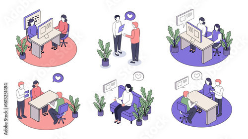 Isometric Office Collaboration and Communication Vector Illustration Set
