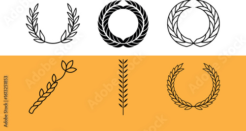Black laurel wreaths and branches on white and orange background 2