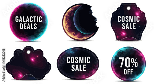 Stunning cosmic silhouette sale tags offer galactic deals and 70% off promotions, perfect for eye-catching retail displays and unique marketing campaigns.