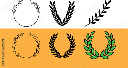 Laurel wreath and branch icons leaf