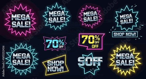 Dynamic neon sale banners and discount tags create urgency for shoppers, grab attention with vibrant energy and clear calls to action, perfect promotional silhouette.