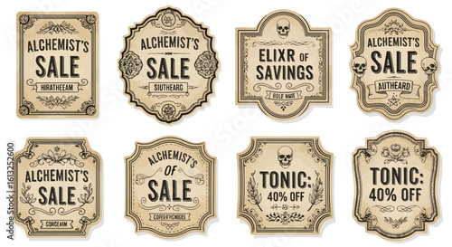 Discover stunning vintage alchemist sale labels and tonic 40% off tags, perfect for unique branding and creative projects