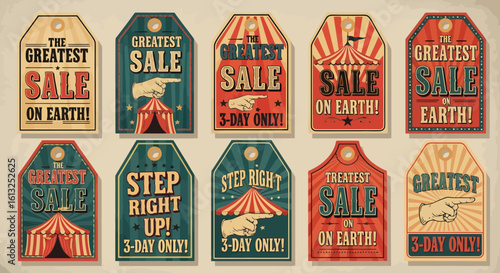 Vintage circus sale tags beckon with 'Greatest Sale on Earth!' and 'Step Right Up!' promises, a silhouette of excitement for any promotion.