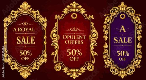 Discover opulent savings with these ornate sale banners, featuring a regal silhouette design perfect for luxury promotions and exclusive offers.