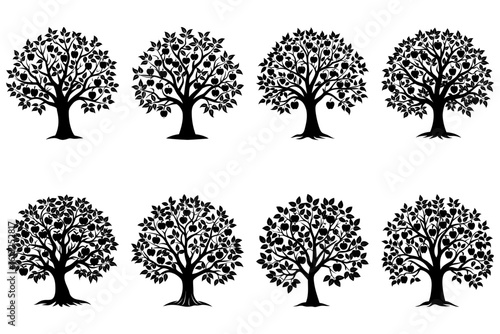 Collection of eight black silhouette apple trees with fruits and leaves on a white background design element