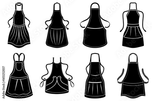 A collection of eight different apron designs in black and white showcasing various styles and features