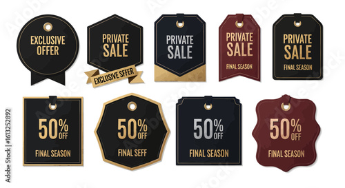 Elegant silhouette sale tags and exclusive offer labels with gold accents, perfect for premium promotions and final season discounts, creating a luxurious shopping experience.