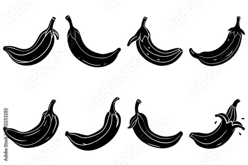 Illustration showing a pattern of eight black bananas in various stages of peeling and ripeness on white background