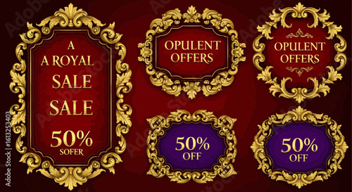 Elegant golden ornate frames showcase royal sale announcements and 50% off offers, perfect for luxury promotions and sophisticated advertising campaigns.