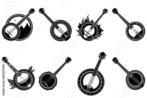 Collection of eight banjo illustrations in black and white with various decorative elements around them