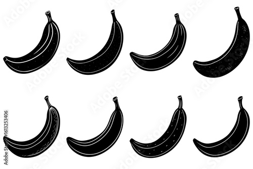 Eight black and white bananas arranged in two rows on a white background in a simple illustration