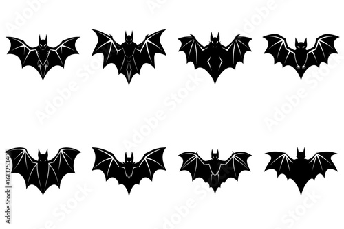Collection of eight black bat silhouettes with different wing positions isolated on white background