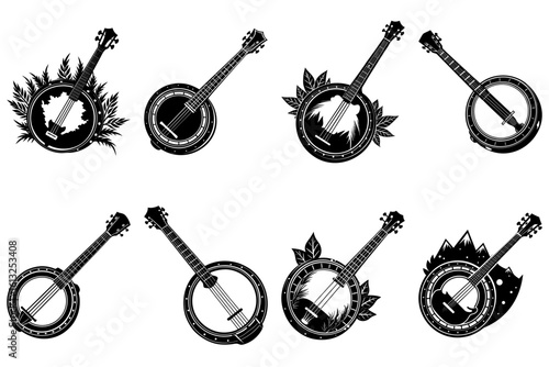 Eight banjo musical instruments in black and white artistic design with floral and mountain elements