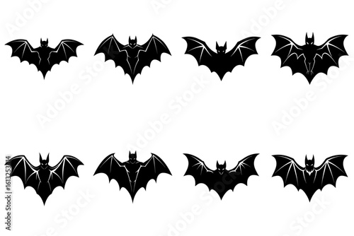 A collection of eight black bat silhouettes with varying wing shapes and body positions on white backdrop