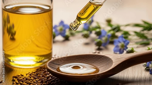 Wallpaper Mural Flaxseed Oil Food for Longevity Wooden Spoon and Glass with Natural Torontodigital.ca