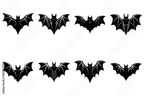 Collection of eight black bat silhouettes with varying wing positions on a white background design layout