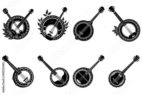Collection of eight detailed black and white banjo illustrations with varying decorative elements around them