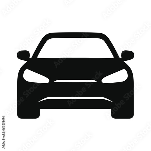 Car Front View Icon, Minimalist Illustration in White on Black Background, Black Silhouette Vector Illustration