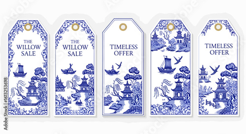 Discover elegant blue and white chinoiserie sale tags featuring serene pagoda landscapes and sailing boats, perfect for timeless offers and vintage branding.