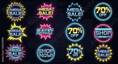 Dynamic neon sale signs and offers create an exciting shopping atmosphere, perfect for promotions and retail advertising, featuring a stunning silhouette effect