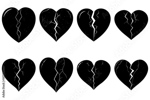 Eight black broken hearts arranged in two rows showing different stages of heart break and emotional pain