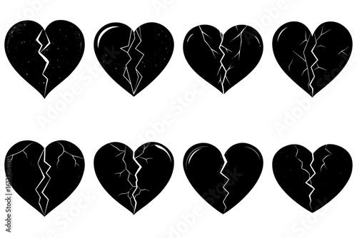 A collection of eight black hearts each displaying various degrees of cracking and breakage on white
