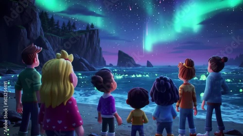 Wallpaper Mural Animated Family Watching Meteor Shower and Aurora Borealis Over Ocean at Night Torontodigital.ca