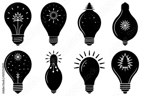 Collection of eight black and white light bulbs with various decorative elements inside each of the bulbs