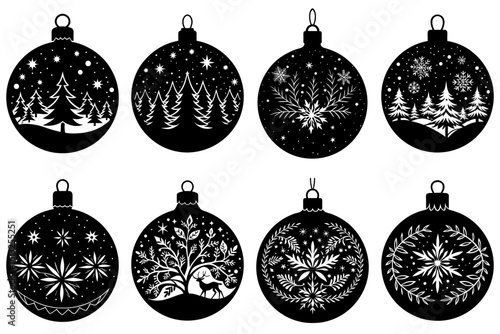 Collection of eight christmas ornaments with winter scenes, snowflakes, trees, and a deer in black and white