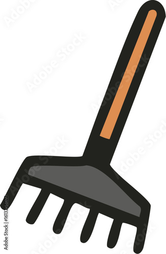 A simple hand-drawn style illustration of a garden rake with a brown handle and gray tines for yard work.