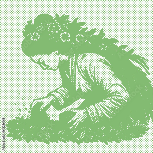 Tea Harvester Woman: Floral Hair, Green Halftone Agriculture Field Vector Art