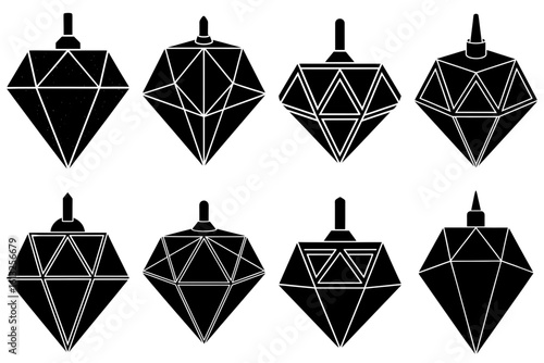 Collection of eight black geometric diamond ornaments with various triangle patterns and top attachments