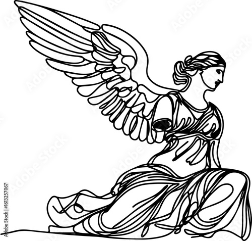 Line art of angel figure with wings in a kneeling pose  