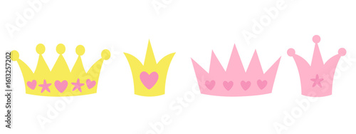 Playful colorful crown set in yellow, pink, and pastel shades – whimsical illustrations with hearts, stars, and dots for kids’ parties, princess themes, or birthday invites.
