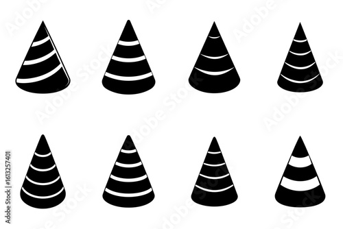 Eight black striped conical shapes arranged in two rows on a white background in a simple vector graphic
