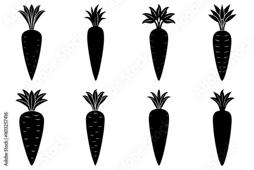Silhouette illustration of eight carrots with varying shapes and leaf styles in a grid pattern