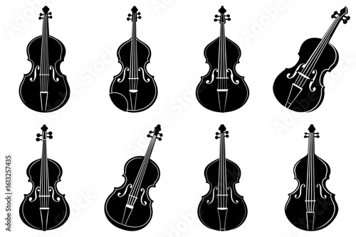 Illustration showcasing eight stringed double bass instruments in a black and white silhouette design style