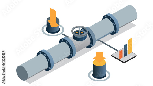 Isometric illustration of pipeline with valve, flow indicators, and bar chart on device