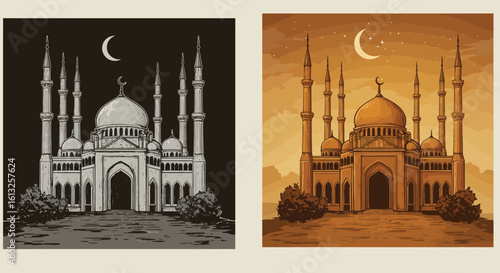 Mosque Illustration with Crescent Moon in Two Styles