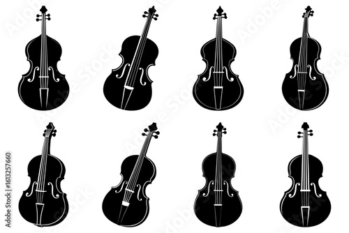 Collection of eight black and white silhouette images of stringed double bass musical instruments in various poses